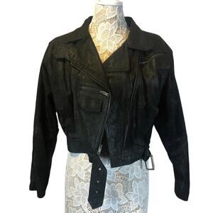 Vintage 80's leather Tiger Fox bomber black jacket large shoulders size medium